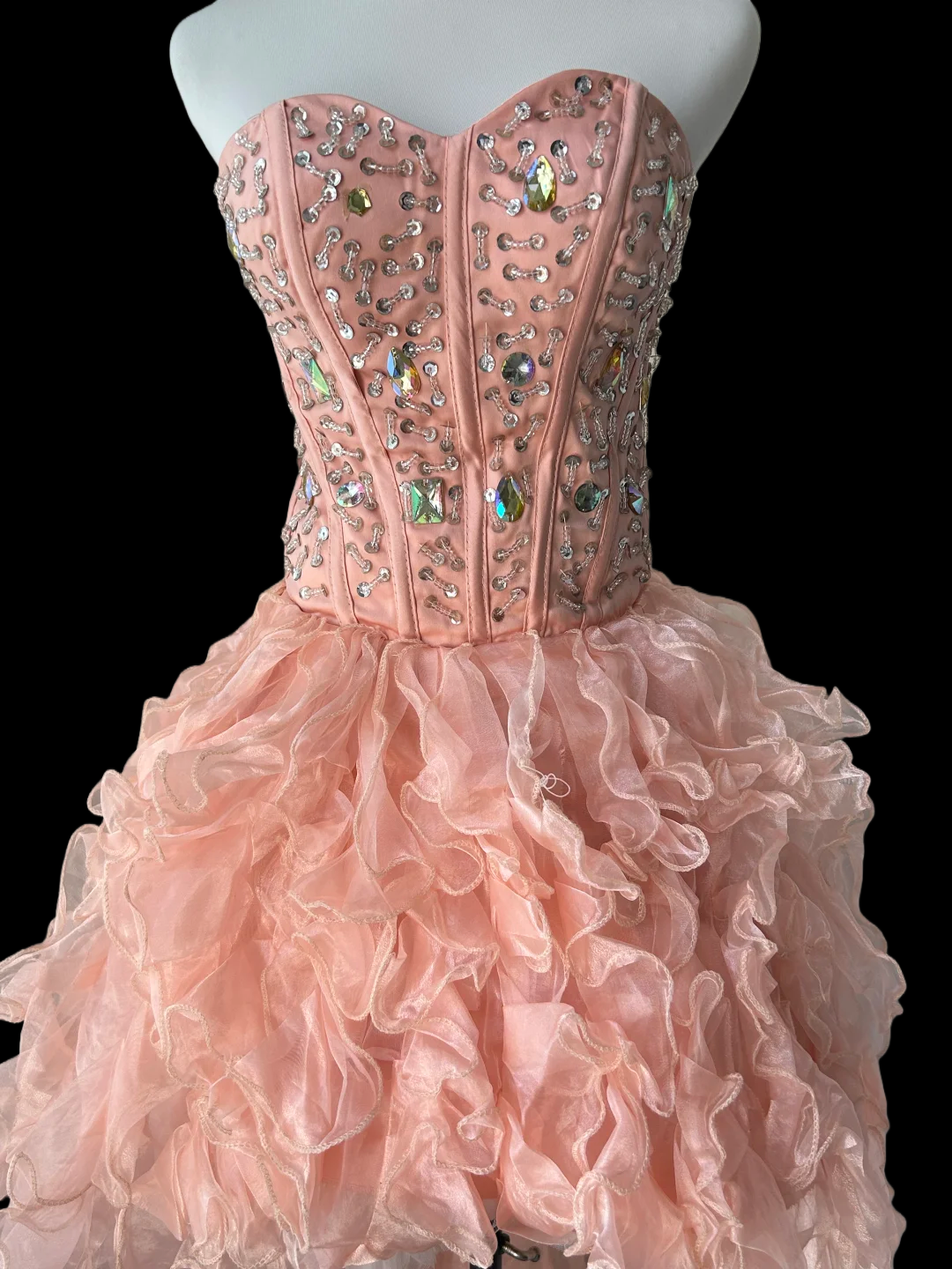 Sweetheart Ruffle Organza High-Low Prom Dress Peach Formal Party Dress