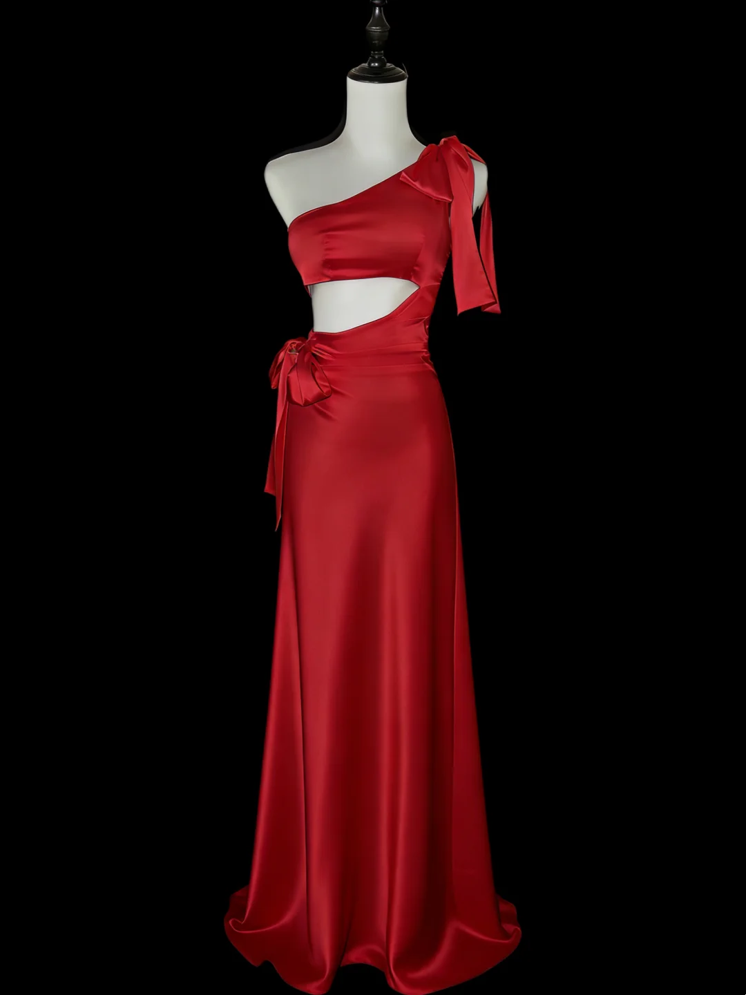 One-Shoulder Red Satin Prom Dress Mermaid Formal Evening Dress
