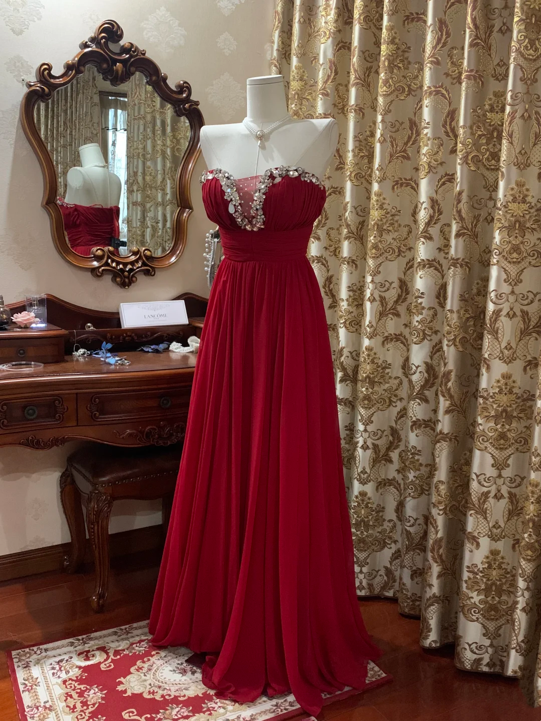 Red Chiffon Prom Dress Beaded Evening Dress Wedding Guest Dress