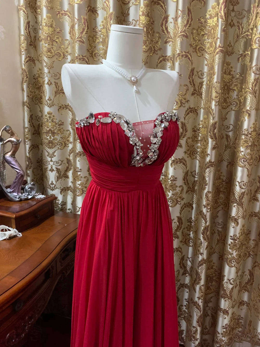 Red Chiffon Prom Dress Beaded Evening Dress Wedding Guest Dress