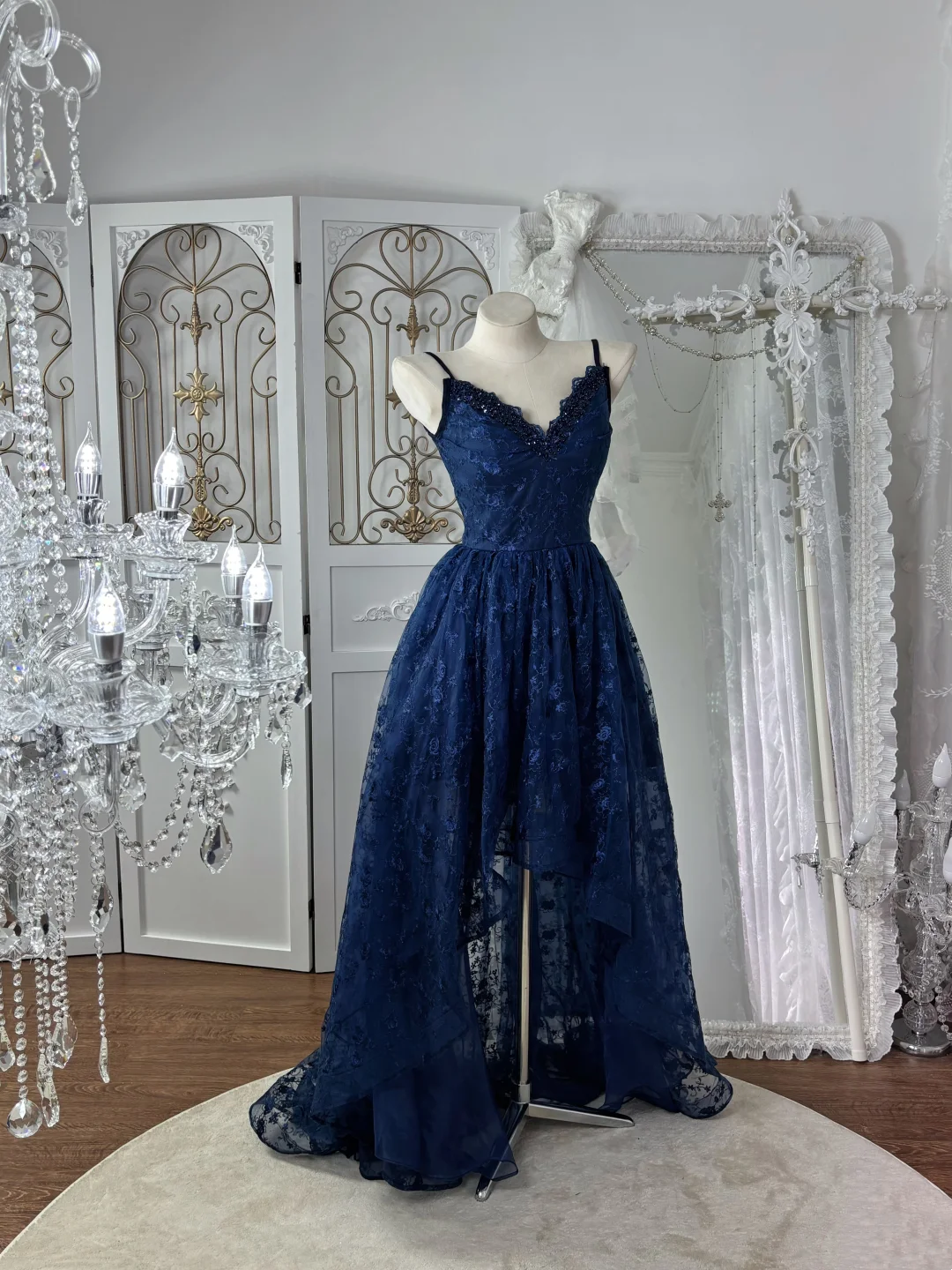 Navy Blue Lace A-Line Prom Dress V-Neck Formal Dress