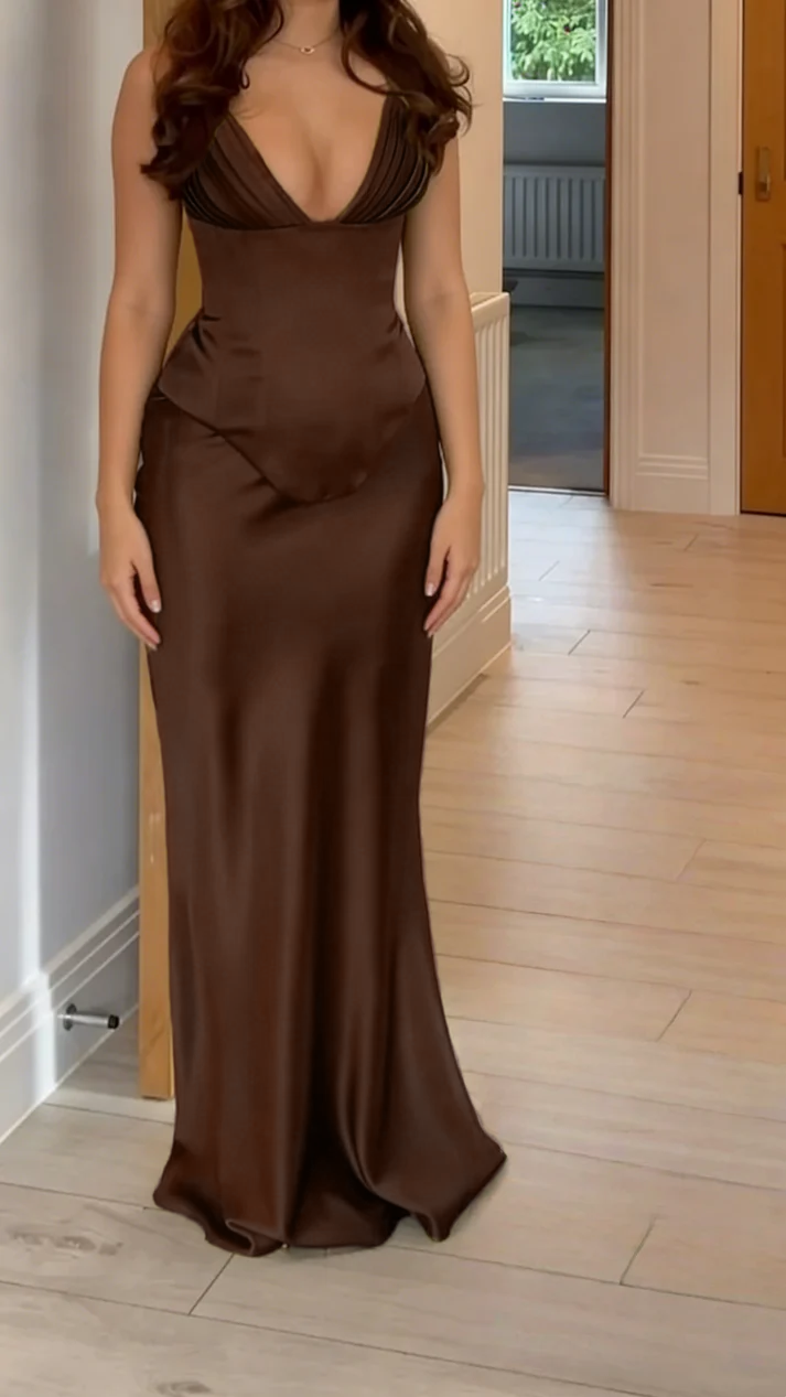 V Neck Green Satin Sheath Long Prom Dress  J9660