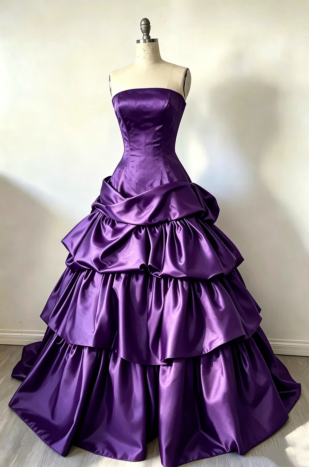 Strapless Burgundy Birthday Ball Gown Vintage Satin Formal Prom Dress
