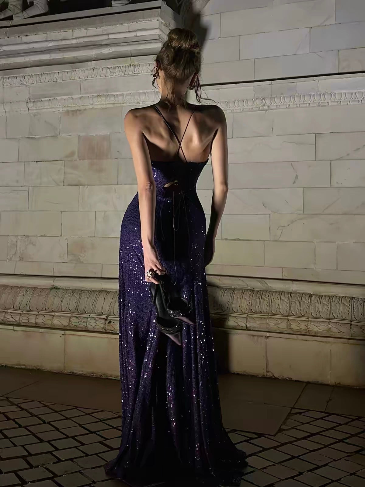 Spaghetti Strap Purple Sequin Prom Dress A Line Formal Dress  J9910