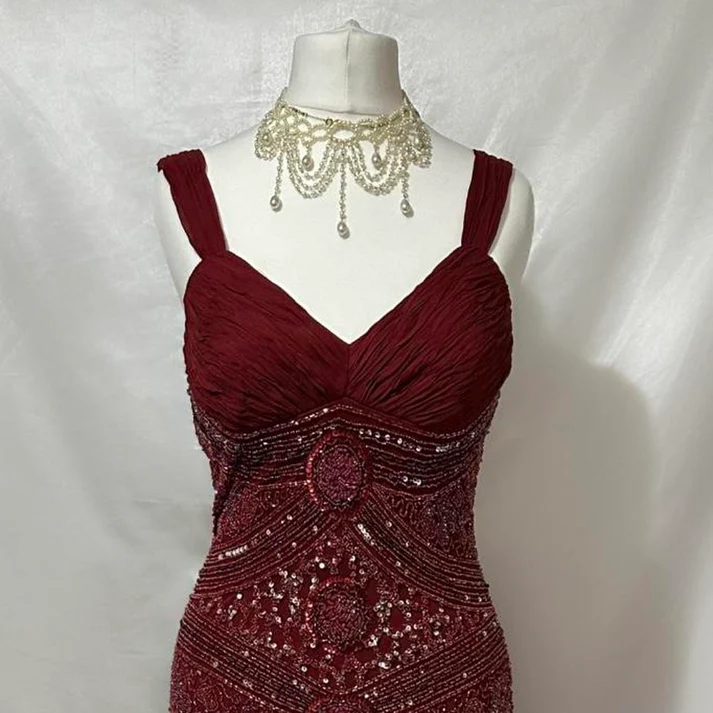 Gorgeous Red V NecK Tulle Sequin Beaded Mermaid Long Evening Dress Formal Birthday Party Dress