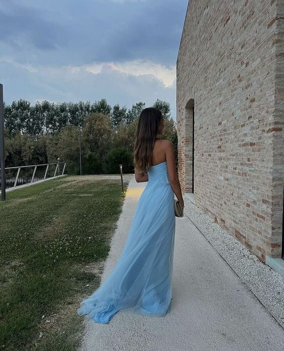 Sexy A Line Long Strapless Light Blue Slit Prom Dresses