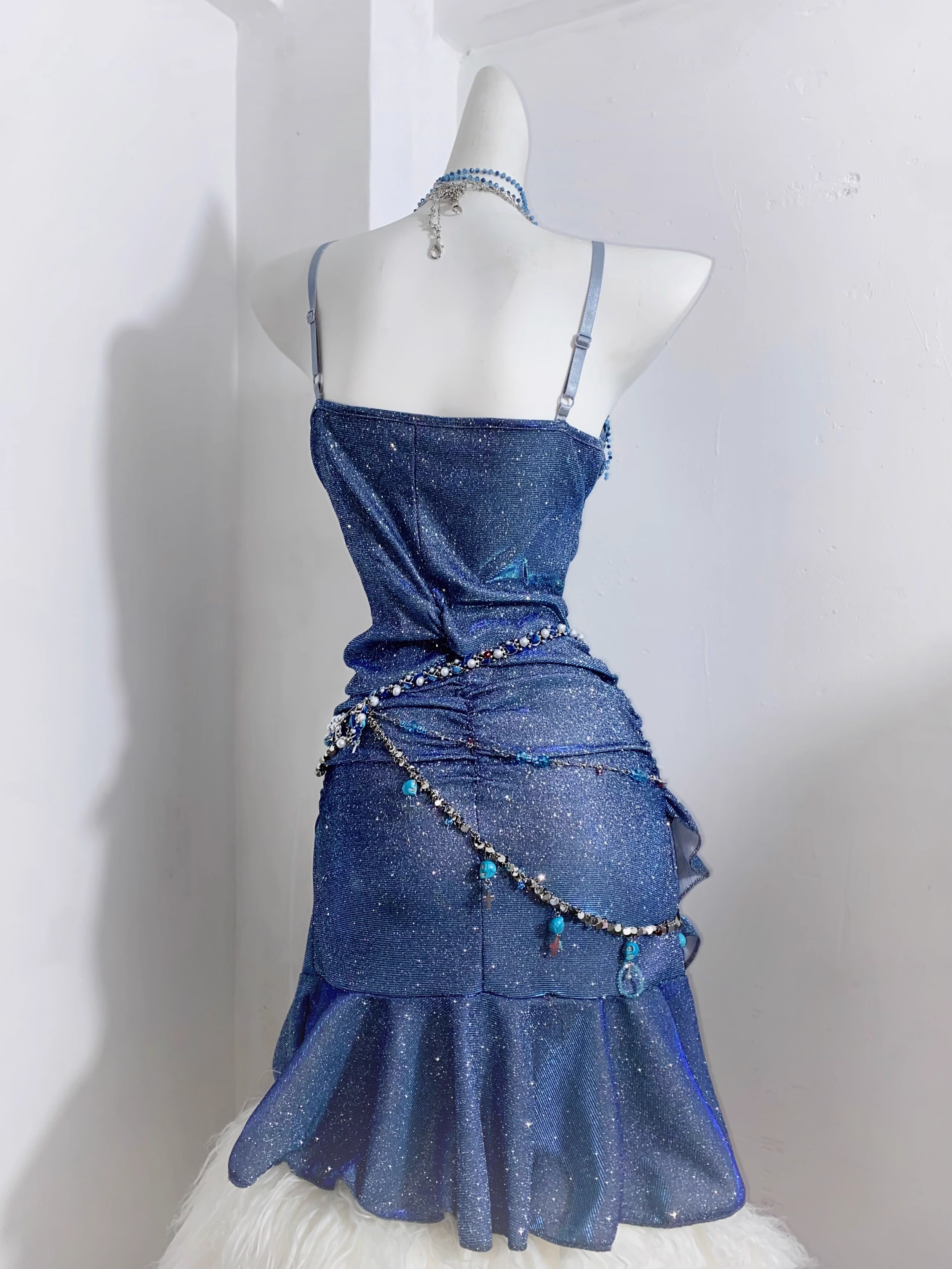 Glitter Blue Spaghetti Straps Short Ruffle Cocktail Dress Formal Homecoming Dress