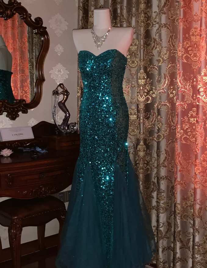 Vintage Strapless Green Tulle Sequin Mermaid Evening Dress Long Wedding Guest Dress Party Gown - View 2 | FashionDia