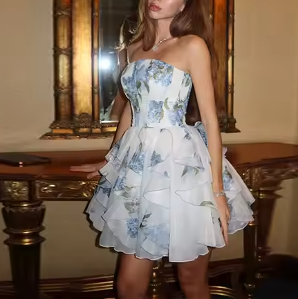 Classy Strapless Chiffon Print Floral A Line Short Graduation Homecoming Dress 16th Birthday Outfits D086