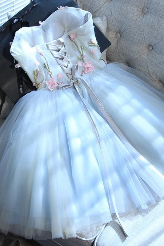 Elegant Blue Strapless Tulle Floral A Line Short Homecoming Dress Birthday Outfits D4001