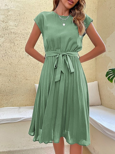 Leonor Statement Short Sleeve Pleated Casual Mini Dress for Summer Chic Silhouette Collection