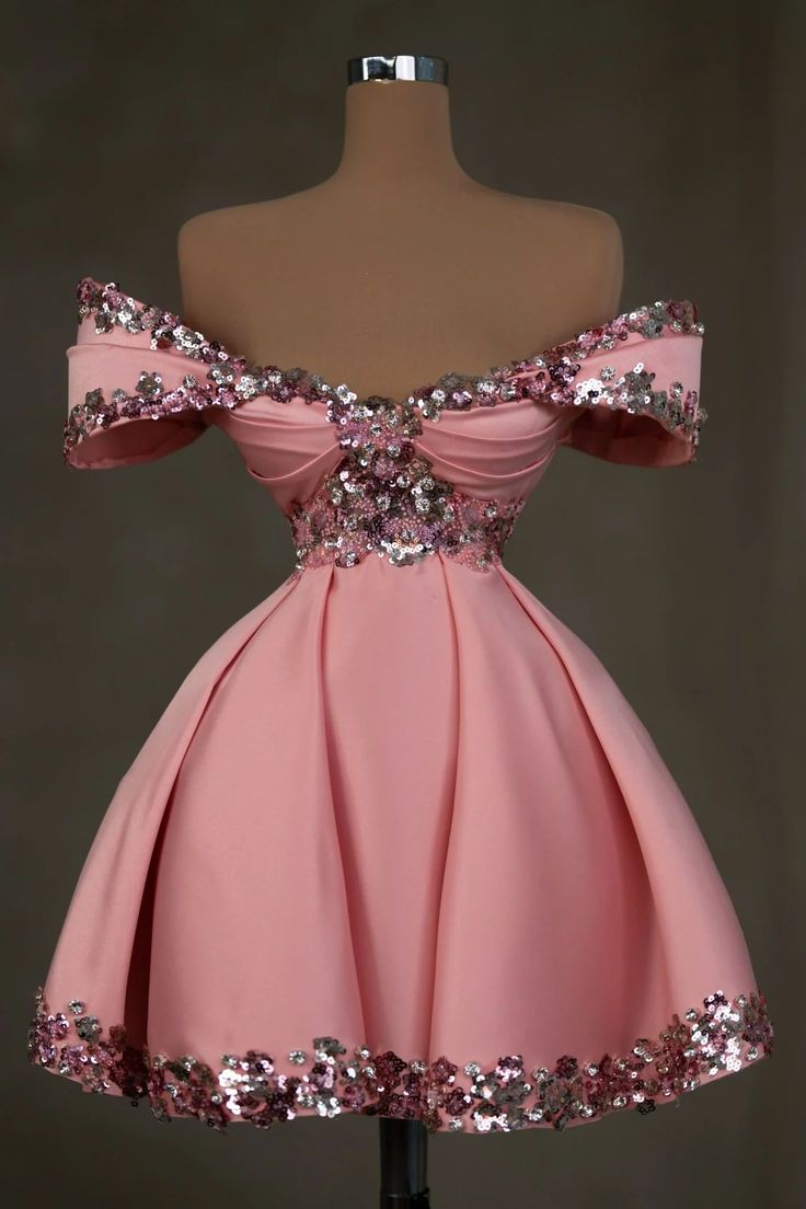 Gorgeous A-Line Off-Shoulder Satin Sequins Beaded Homecoming Dress Pink Short Cocktail Dress - FashionDia