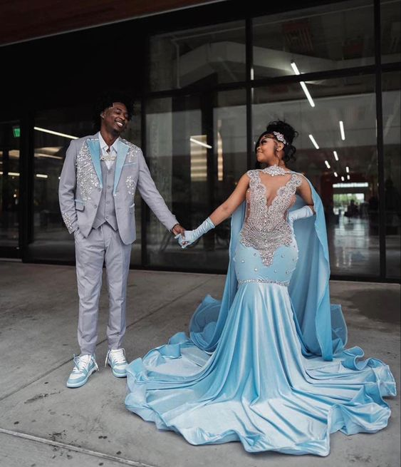 Sky Blue Velvet Silver Crystal Evening Dress Luxurious Evening Gown Y5764 - View 5 | VelvetHem