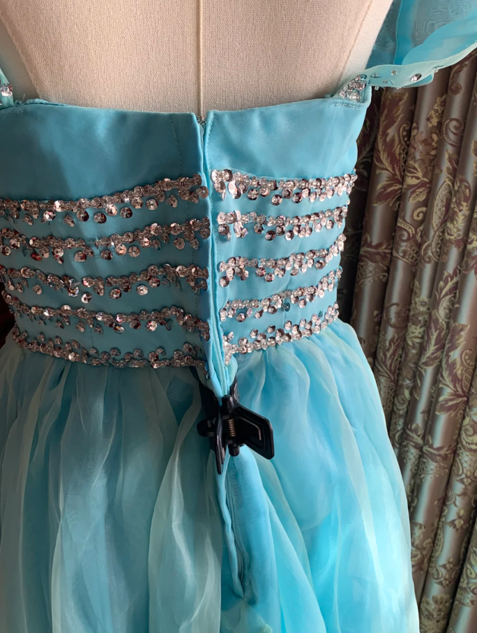 Cute Off The Shoulder Blue Tulle Beaded A Line Princess Party Dress Long Evening Gown