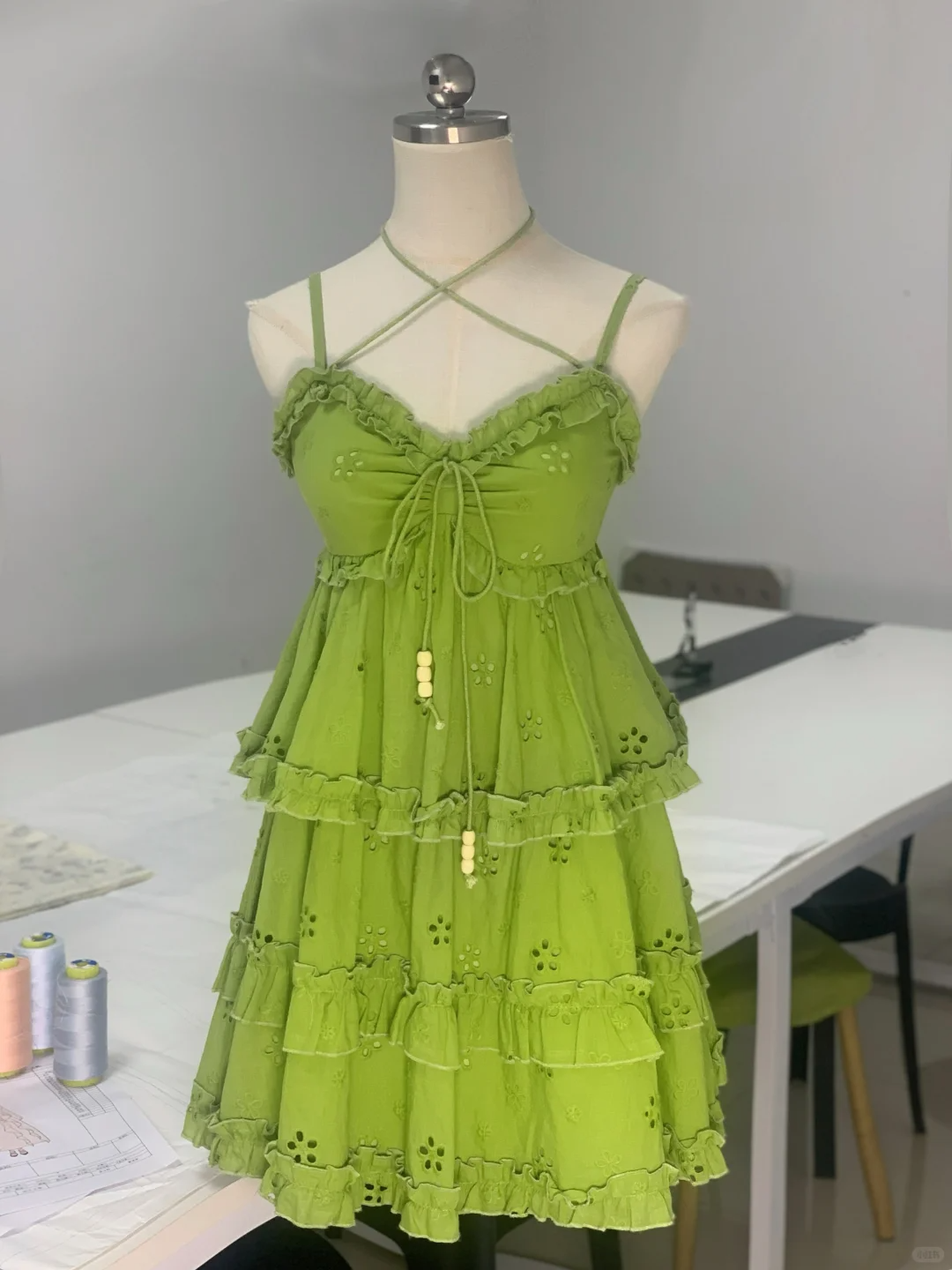 Chic Spaghetti Straps Green V Neck A Line Homecoming Dress Layered Ruffles Short Mini Party Dress
