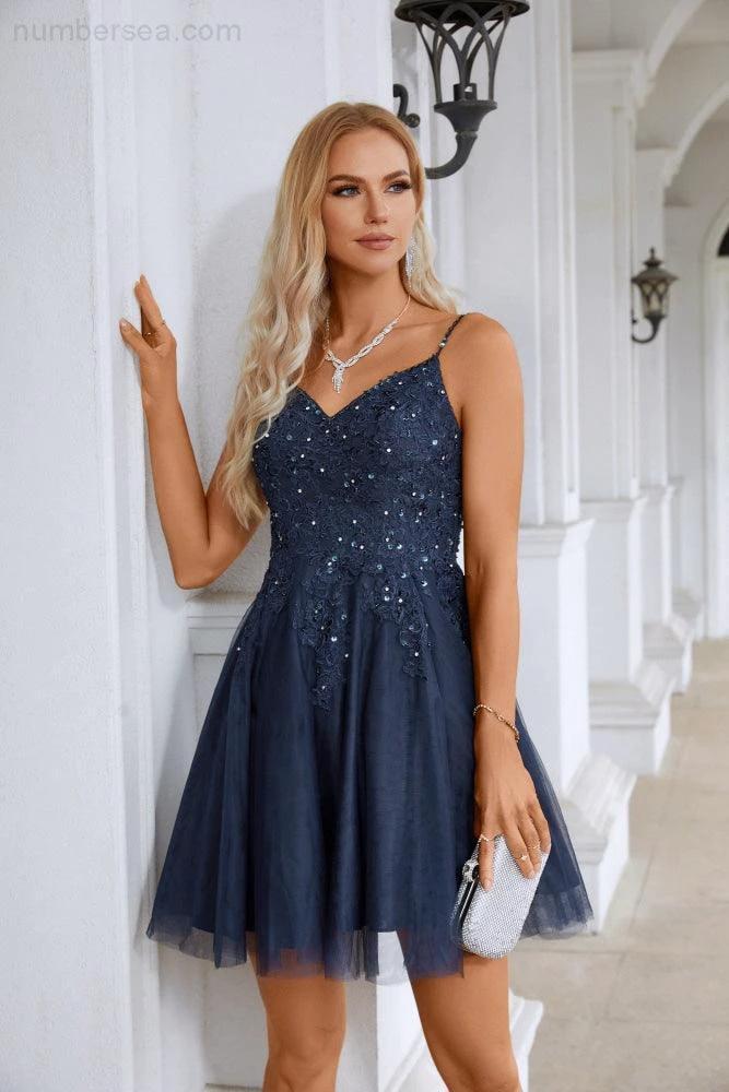 Ladies V Neck Sequins Embroidered Spaghetti Straps Super Short Bridesmaid Evening Dress Wedding Party Beach Evening Dress 28102 (ZD16967)