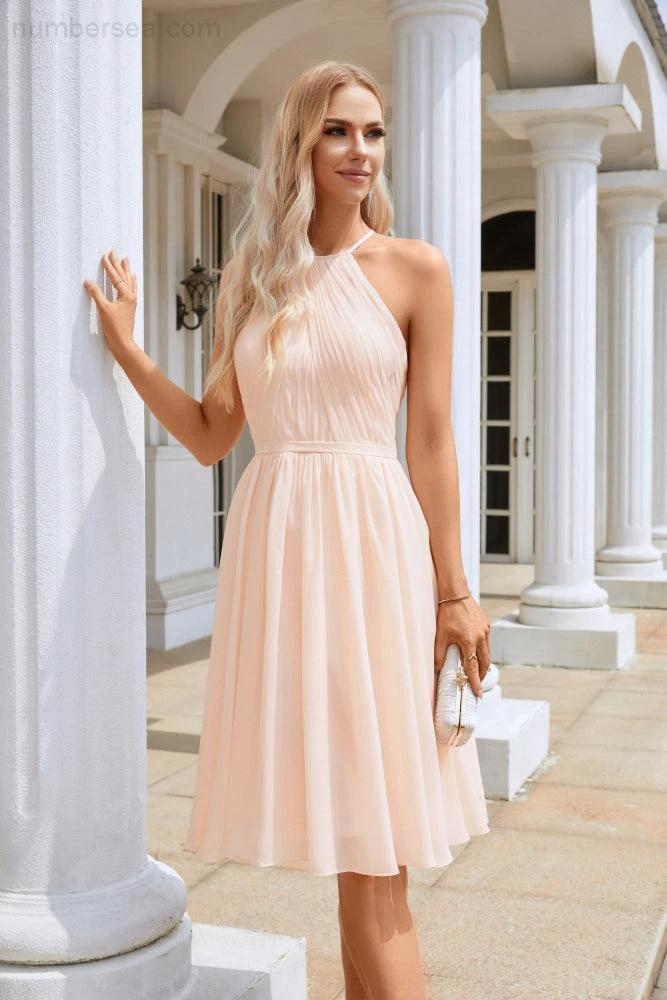 Women's Halter Neck Chiffon Fluffy Bridesmaid Evening Dress Wedding Party Beach Evening Dress 28104 (ZD16963)