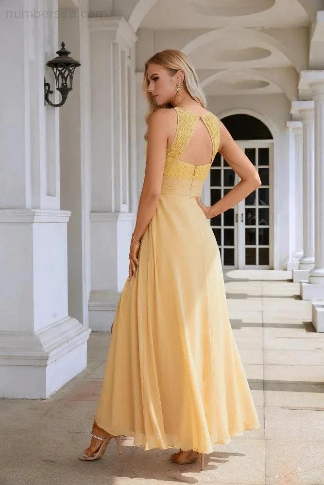 Ladies Lace Chiffon Round Neck Sleeveless Floor Length Bridesmaid Prom Evening Dress Wedding Party Beach 28106 (ZD16972)