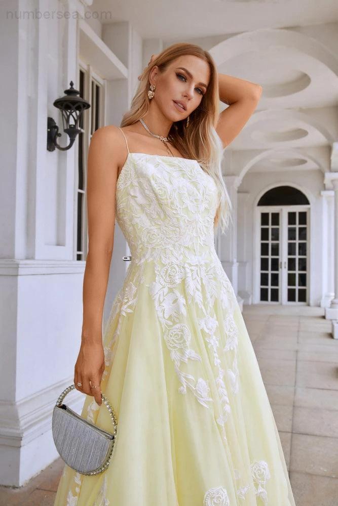 Ladies Spaghetti Strap V Neck Tulle Lace Floor Length Homecoming Dress Prom Wedding Evening Dress 28112 (ZD16985)