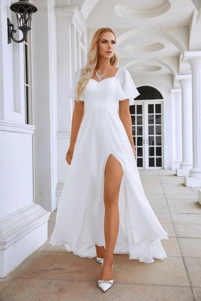 Ladies Chiffon Ruffle Sleeve Front Slit Bridesmaid Evening Dress Prom Wedding Party Evening Dress 28115 (ZD16968)