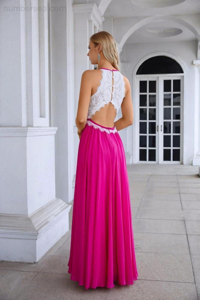 Women's Halter Neck Sleeveless Chiffon Lace Bridesmaid Evening Dress Wedding Prom Party Evening Dress 28120 (ZD17009)