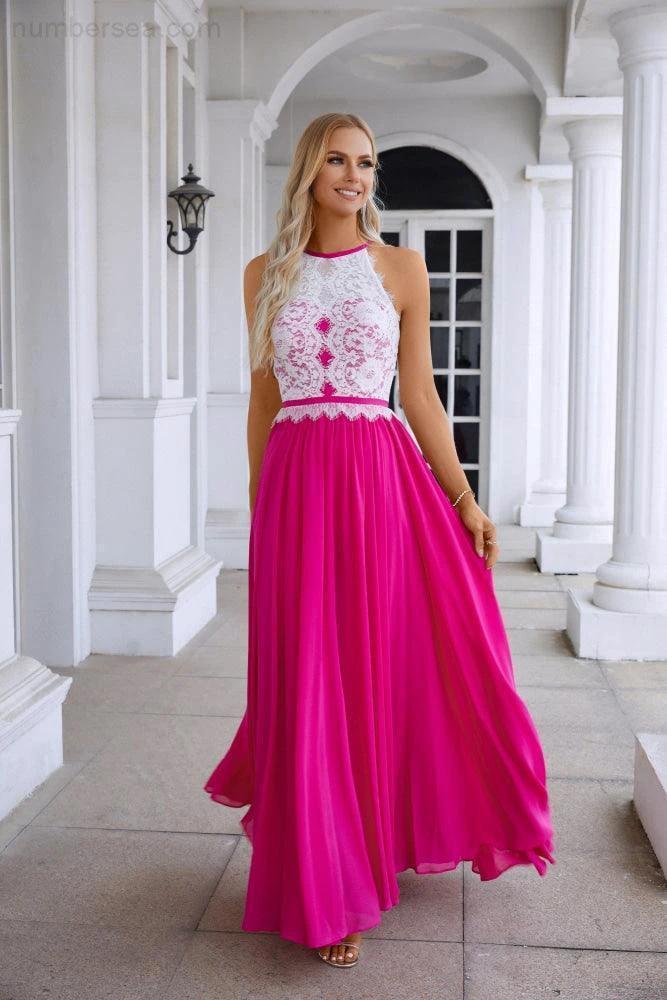 Women's Halter Neck Sleeveless Chiffon Lace Bridesmaid Evening Dress Wedding Prom Party Evening Dress 28120 (ZD17009)