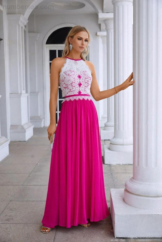 Women's Halter Neck Sleeveless Chiffon Lace Bridesmaid Evening Dress Wedding Prom Party Evening Dress 28120 (ZD17009)