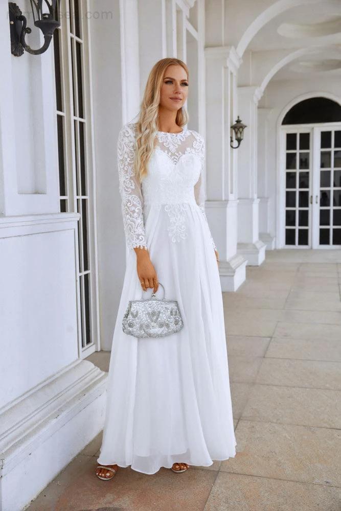Ladies Round Neck Long Sleeve Front Slit Chiffon Lace Floor Length Bridesmaid Evening Dress Wedding Prom Party Evening Dress 28122 (ZD16975)