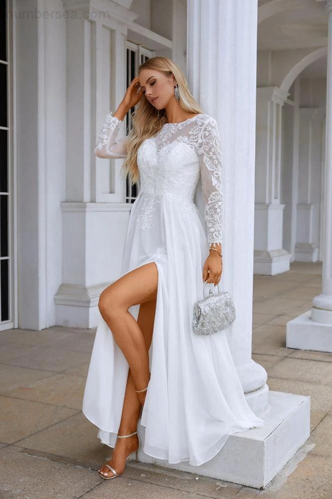 Ladies Round Neck Long Sleeve Front Slit Chiffon Lace Floor Length Bridesmaid Evening Dress Wedding Prom Party Evening Dress 28122 (ZD16975)