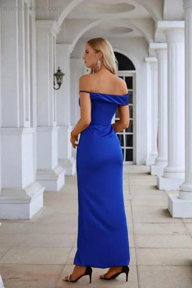 Ladies Satin Off Shoulder Front Slit Mermaid Evening Dress Wedding Party Evening Dress 28125 (ZD16977)