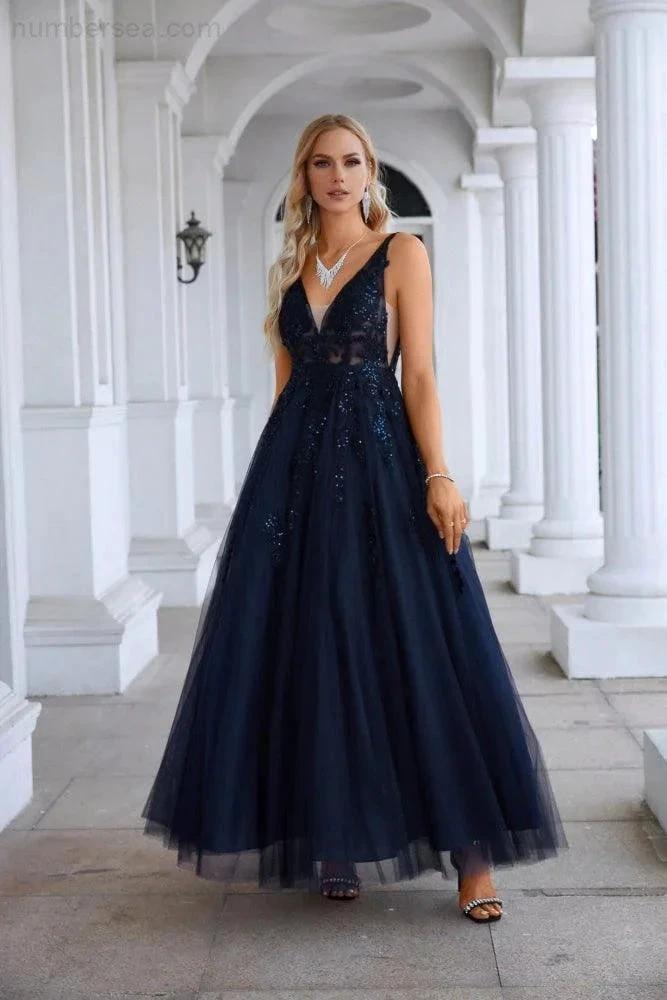 Women's Chiffon V Neck Tulle Embroidery Floor Mop Bridesmaid Evening Dress Prom Wedding Party Evening Dress 28128 (ZD16962)
