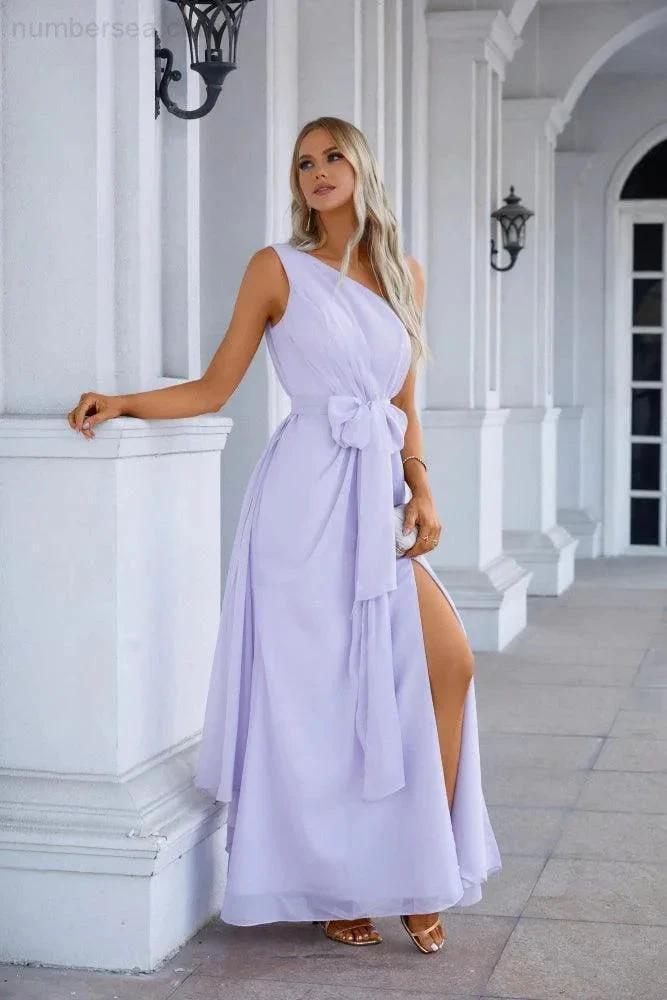 One Shoulder Sleeveless Chiffon Bow Bridesmaid Evening Dress Wedding Prom Party Evening Dress (ZD17006)