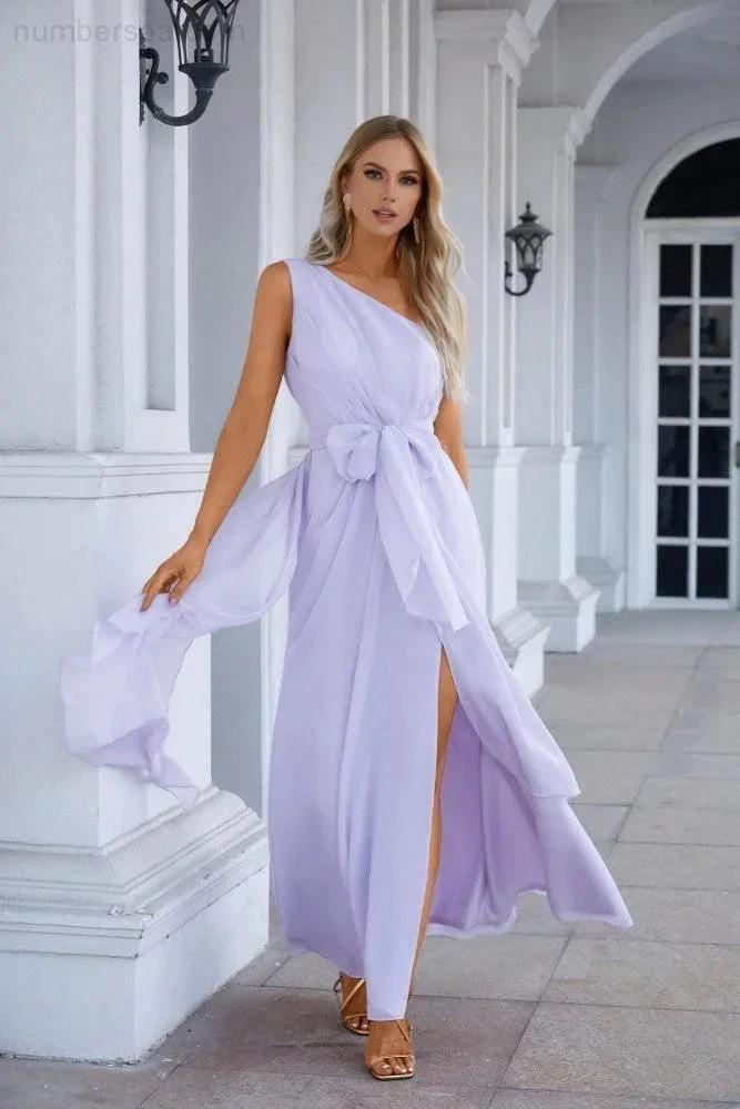One Shoulder Sleeveless Chiffon Bow Bridesmaid Evening Dress Wedding Prom Party Evening Dress (ZD17006)