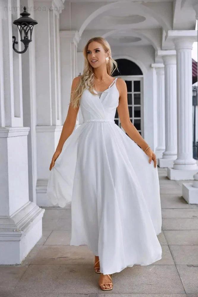 Ladies Spaghetti Strap Belt Chiffon Bridesmaid Evening Dress Prom Wedding Party Evening Dress 28134 (ZD16979)