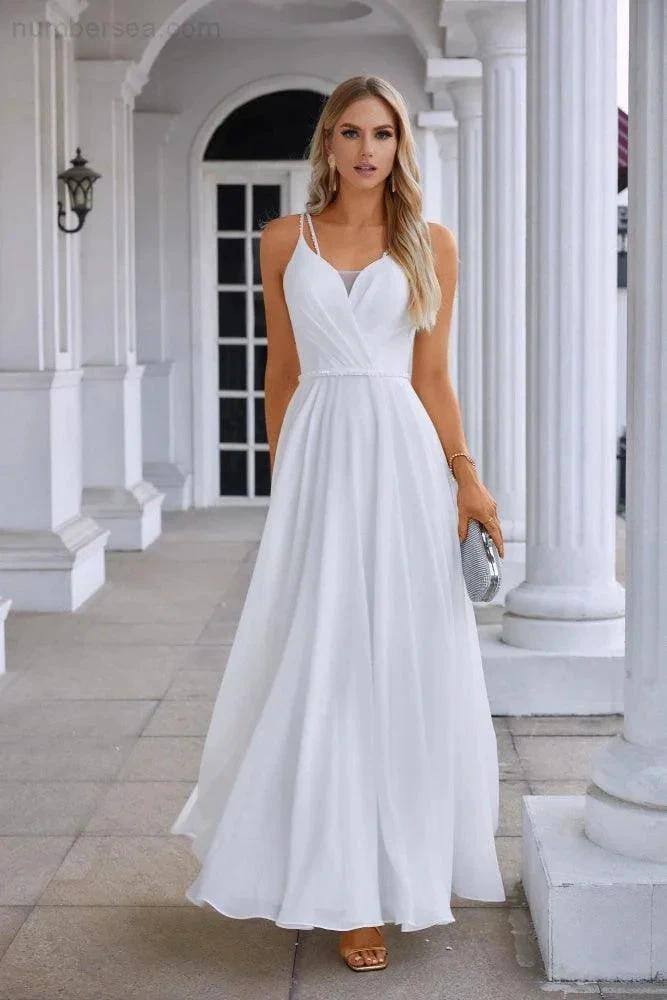 Ladies Spaghetti Strap Belt Chiffon Bridesmaid Evening Dress Prom Wedding Party Evening Dress 28134 (ZD16979)