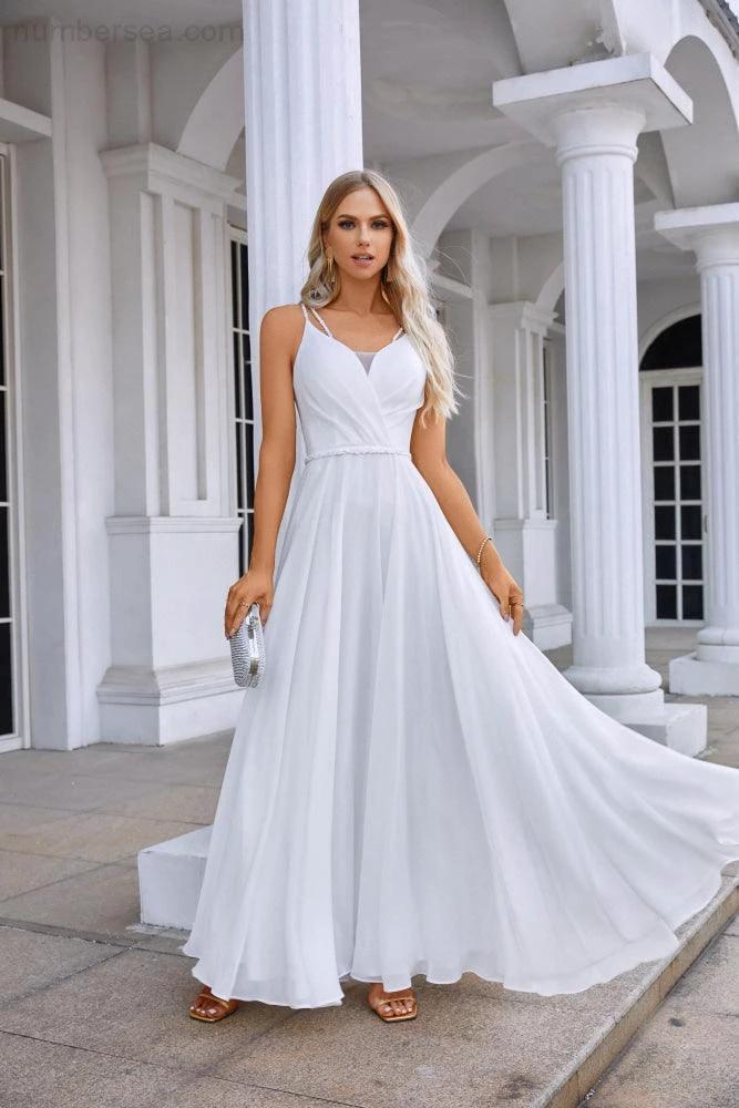 Ladies Spaghetti Strap Belt Chiffon Bridesmaid Evening Dress Prom Wedding Party Evening Dress 28134 (ZD16979)