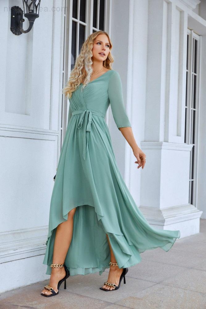 Ladies Chiffon Long Sleeve V Neck Floor Length Bridesmaid Evening Dress Wedding Party Beach Evening Dress 28095 (ZD17014)