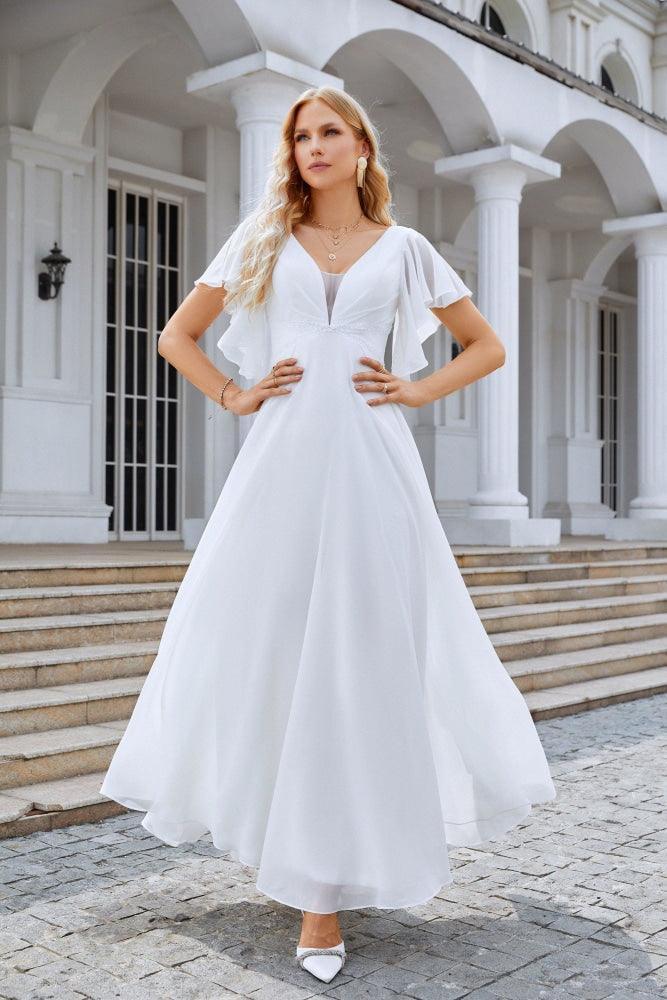 Ladies V Neck Ruffle Sleeves Chiffon Bridesmaid Evening Dress Beach Wedding Party Evening Dress 28097 (ZD17013)