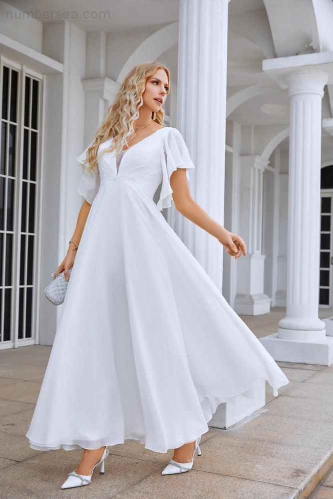 Ladies V Neck Ruffle Sleeves Chiffon Bridesmaid Evening Dress Beach Wedding Party Evening Dress 28097 (ZD17013)