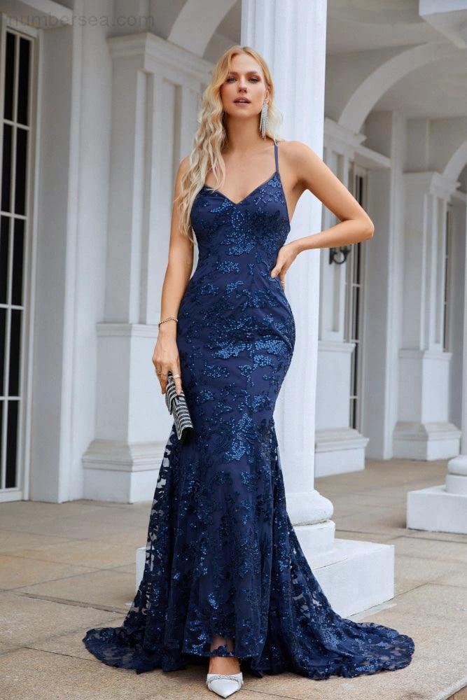 Ladies Spaghetti Strap Embroidery V Neck Mermaid Long Bridesmaid Dress Prom Wedding Evening Dress 28087 by numbersea