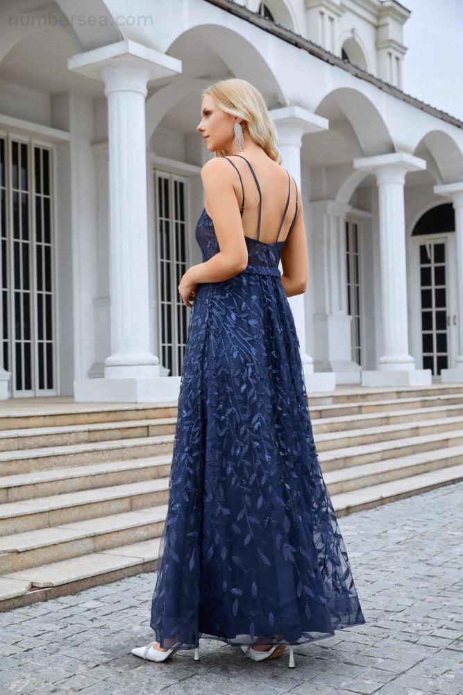Ladies Spaghetti Strap Embroidery V Neck Front Slit Bridesmaid Dress Party Wedding Evening Dress 28089 (ZD16981)