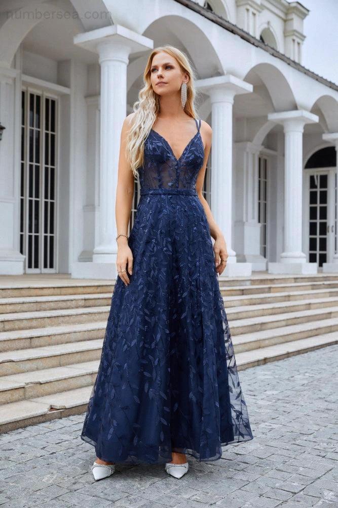 Ladies Spaghetti Strap Embroidery V Neck Front Slit Bridesmaid Dress Party Wedding Evening Dress 28089 by numbersea