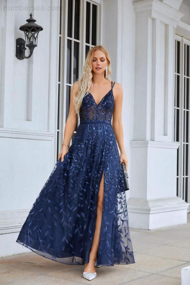 Ladies Spaghetti Strap Embroidery V Neck Front Slit Bridesmaid Dress Party Wedding Evening Dress 28089 (ZD16981)