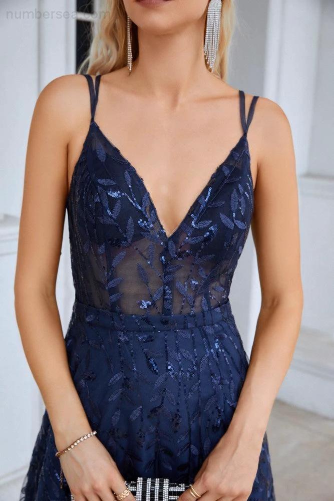 Ladies Spaghetti Strap Embroidery V Neck Front Slit Bridesmaid Dress Party Wedding Evening Dress 28089 (ZD16981)