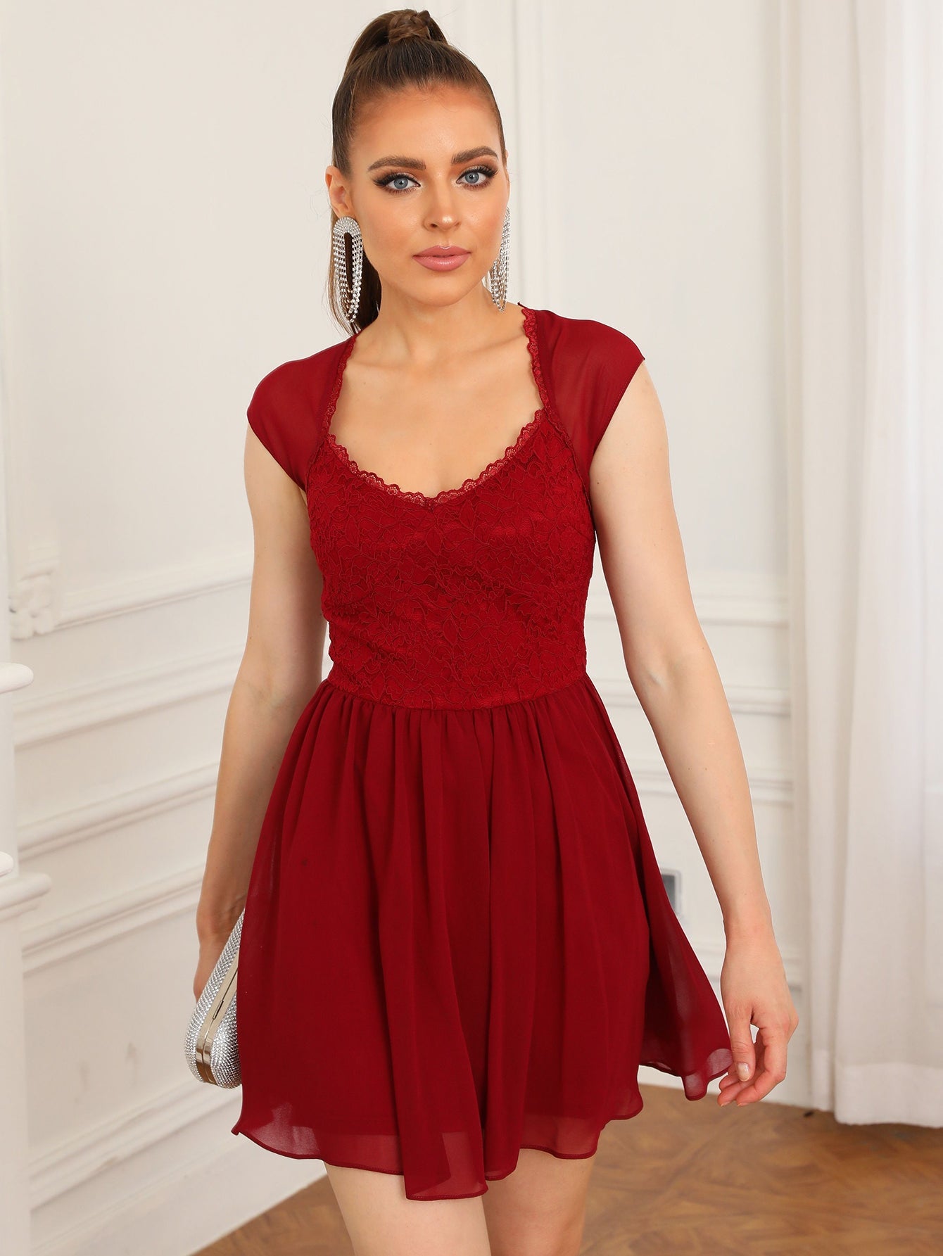 Burgundy Lace A Line Short Graduation Party Dress - Fashionpara