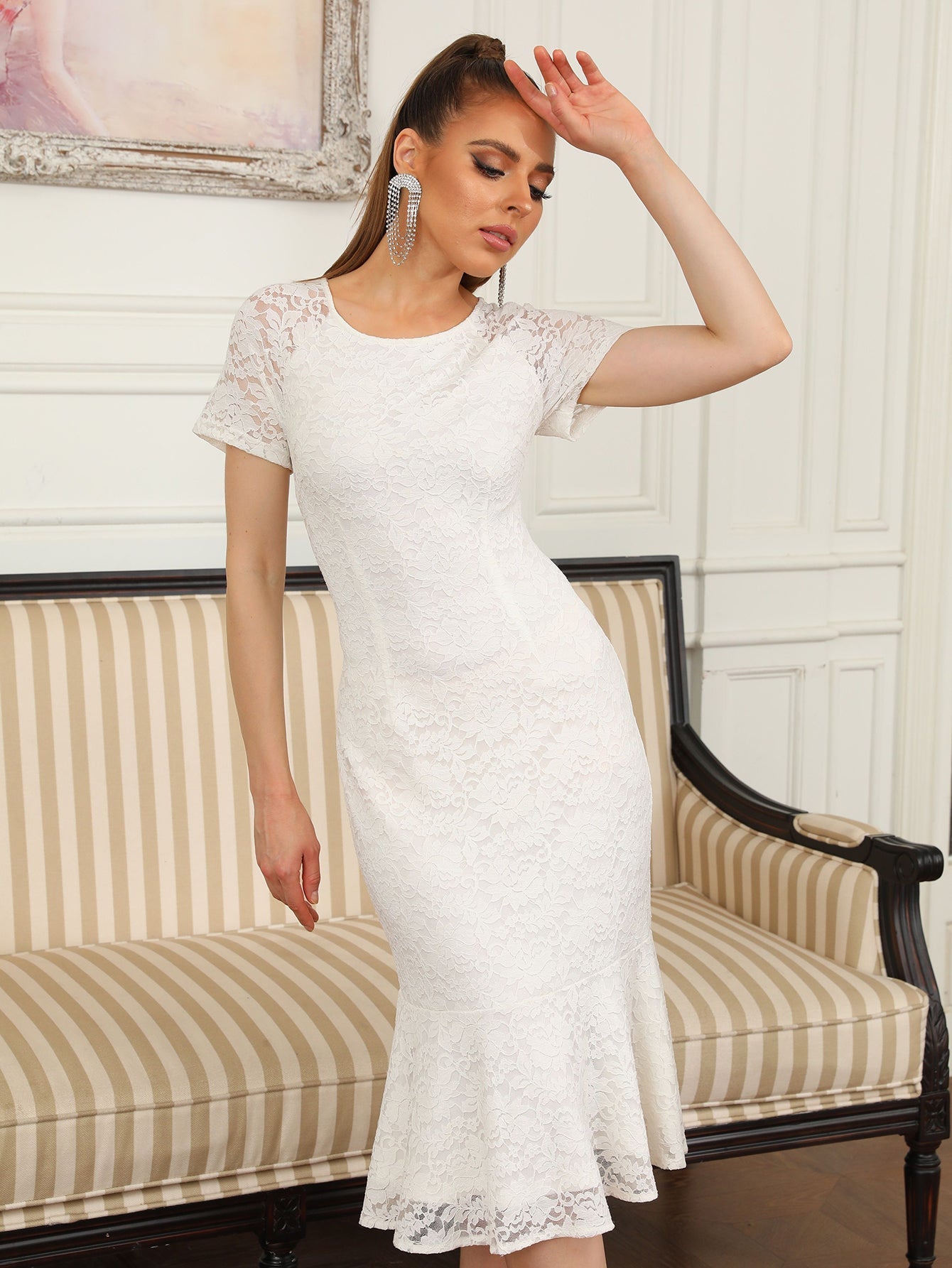 White Lace Mermaid Midi Graduation Party Dress - Fashionpara