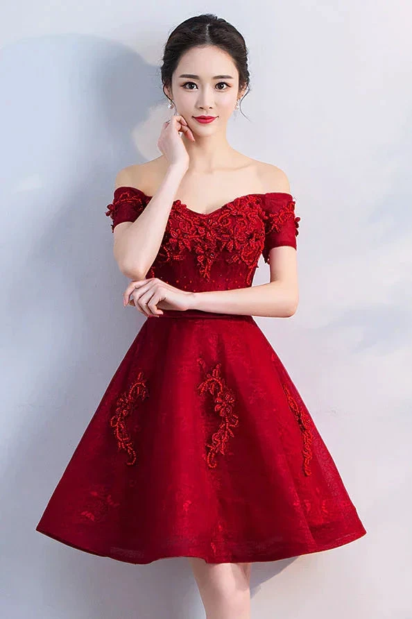 Burgundy tulle lace short homecoming dress Y256 by simplepromdress