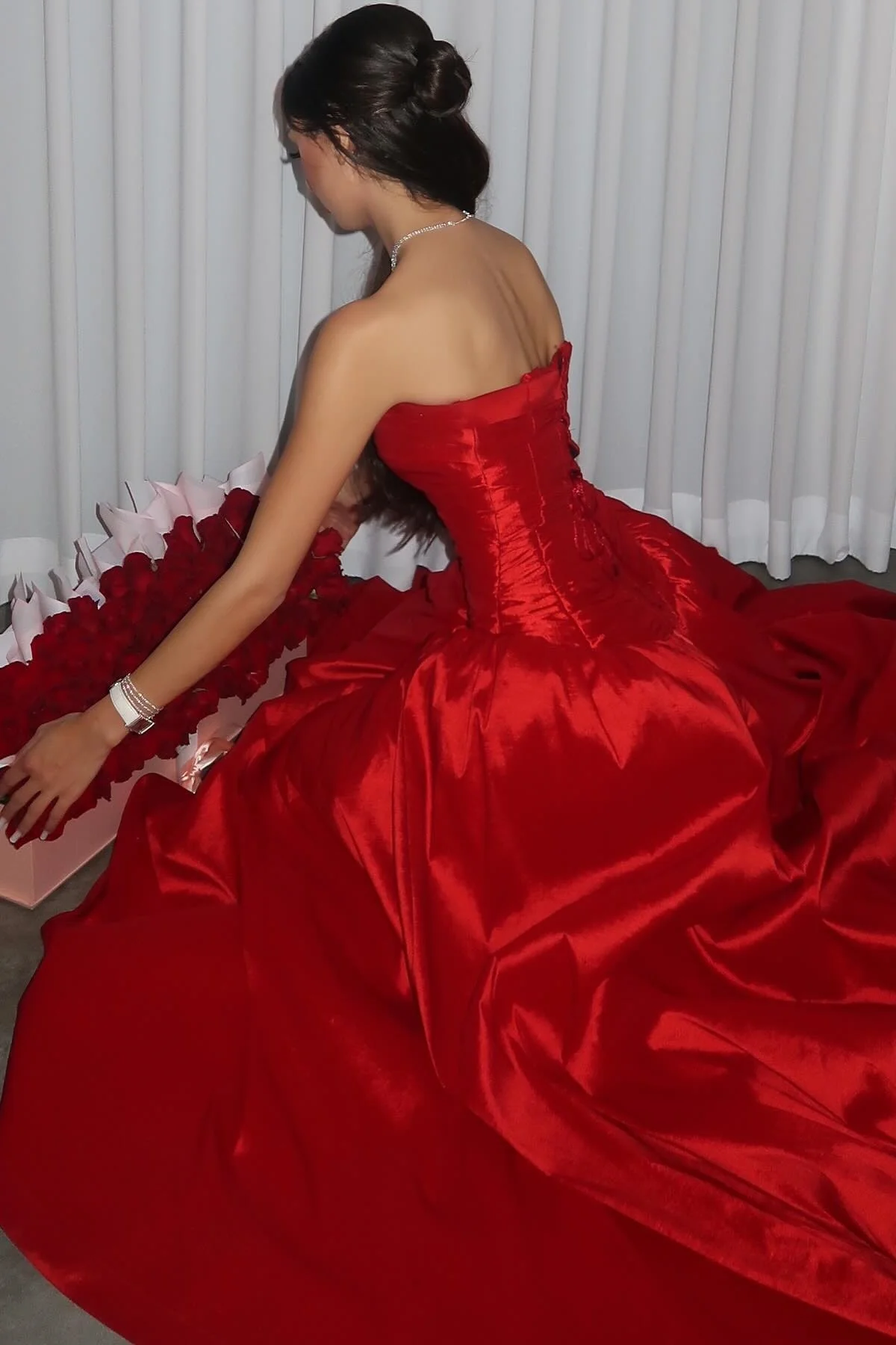Beautiful Red Strapless Slit Party Evening Dress Formal Satin A Line Prom Dress Y8170 - View 3 | VelvetHem