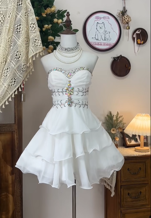 White Strapless Layered Chiffon Beaded Birthday Dress Elegant A Line Homecoming Dress