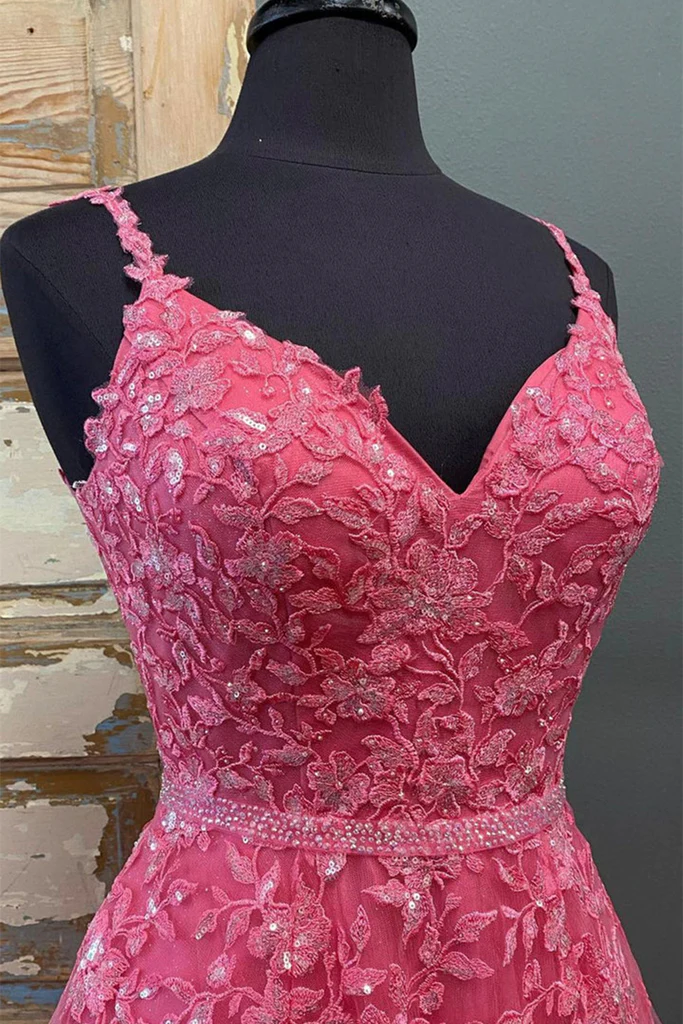 A Line V Neck Beaded Hot Pink Lace Long Prom Dress, Hot Pink Lace Formal Graduation Evening Dress Y216 - View 2 | VelvetHem